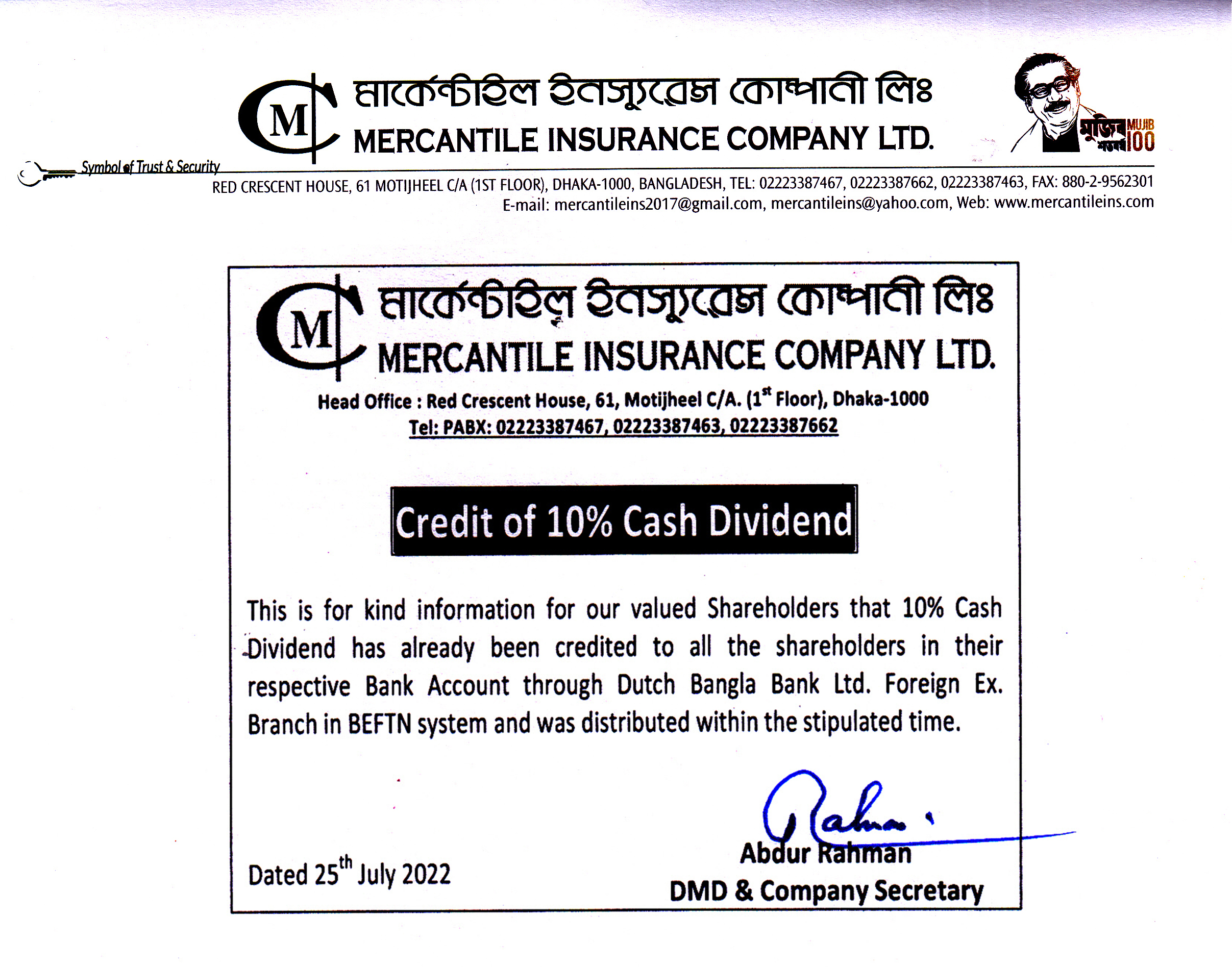 Credit of 10% Cash Dividend