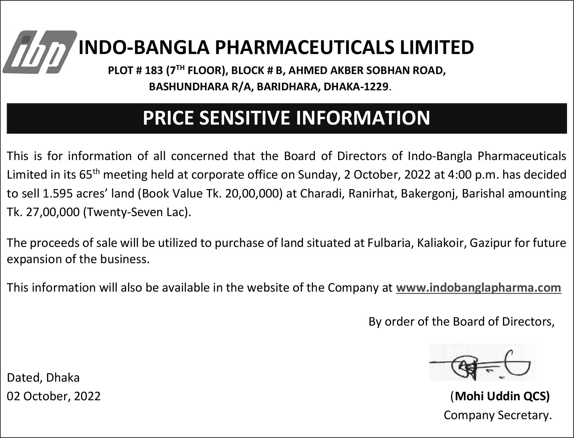 Price Sensitive Information of Indo-Bangla Pharmaceuticals Limited