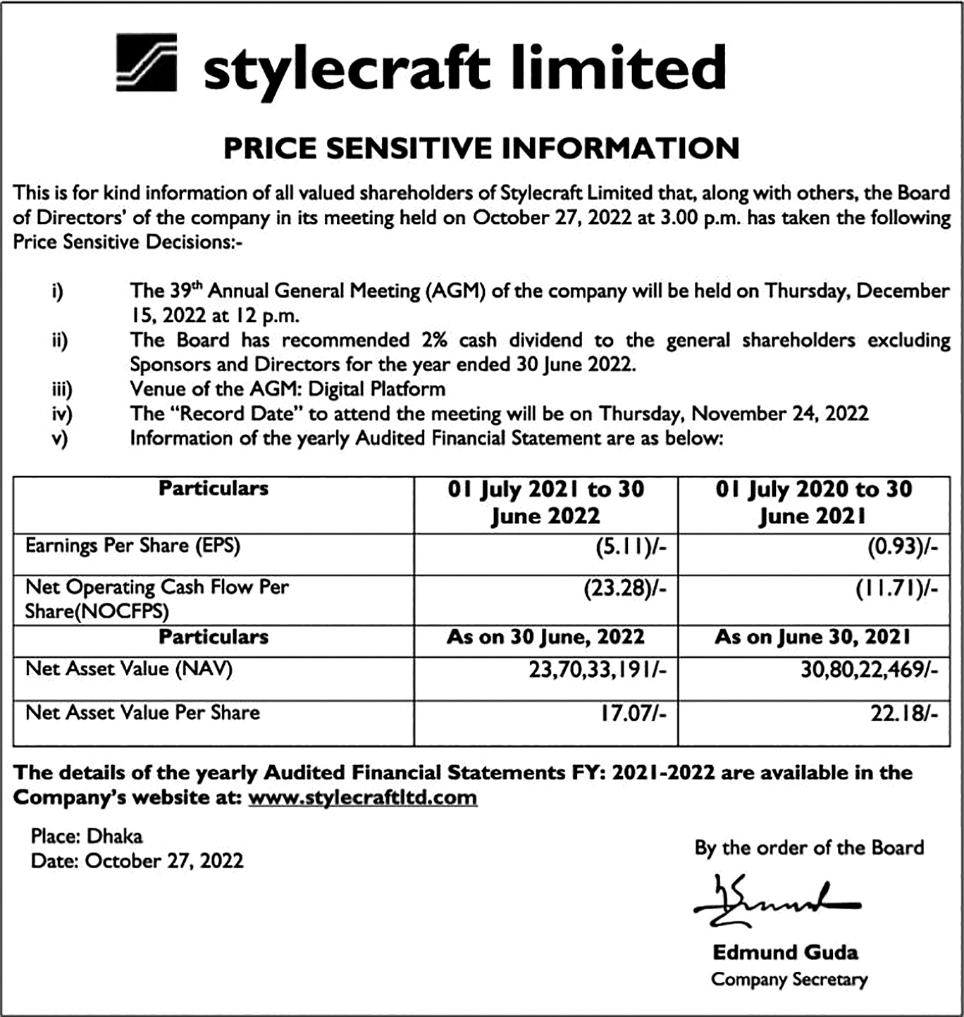 Price Sensitive Information Of Stylecraft Limited
